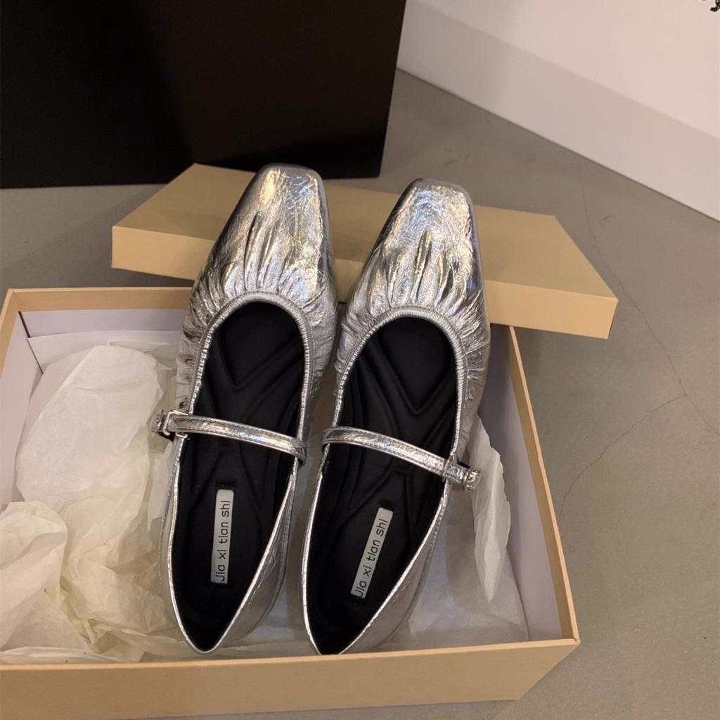 French Flat-soled Silver Mary Jane Single Shoes Women's Shoes Spring and Autumn 2025 New Spring Skirt Gentle Evening Shoes