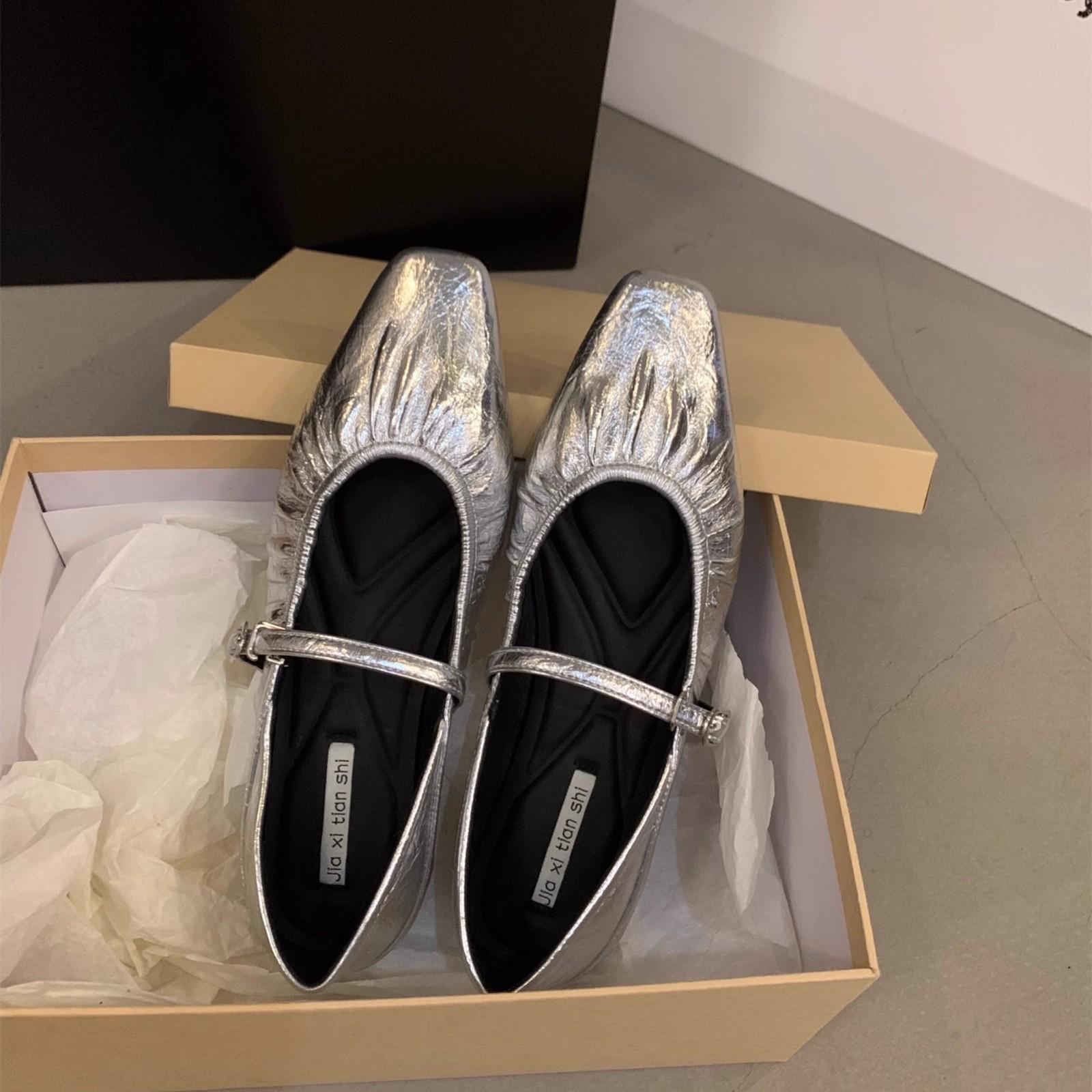 

Французские туфли Мэри Джейн на плоской подошве серебристого цвета, женская обувь весна и осень 2025 года, новая весенняя юбка, нежные вечерние туфли 40 серебряный