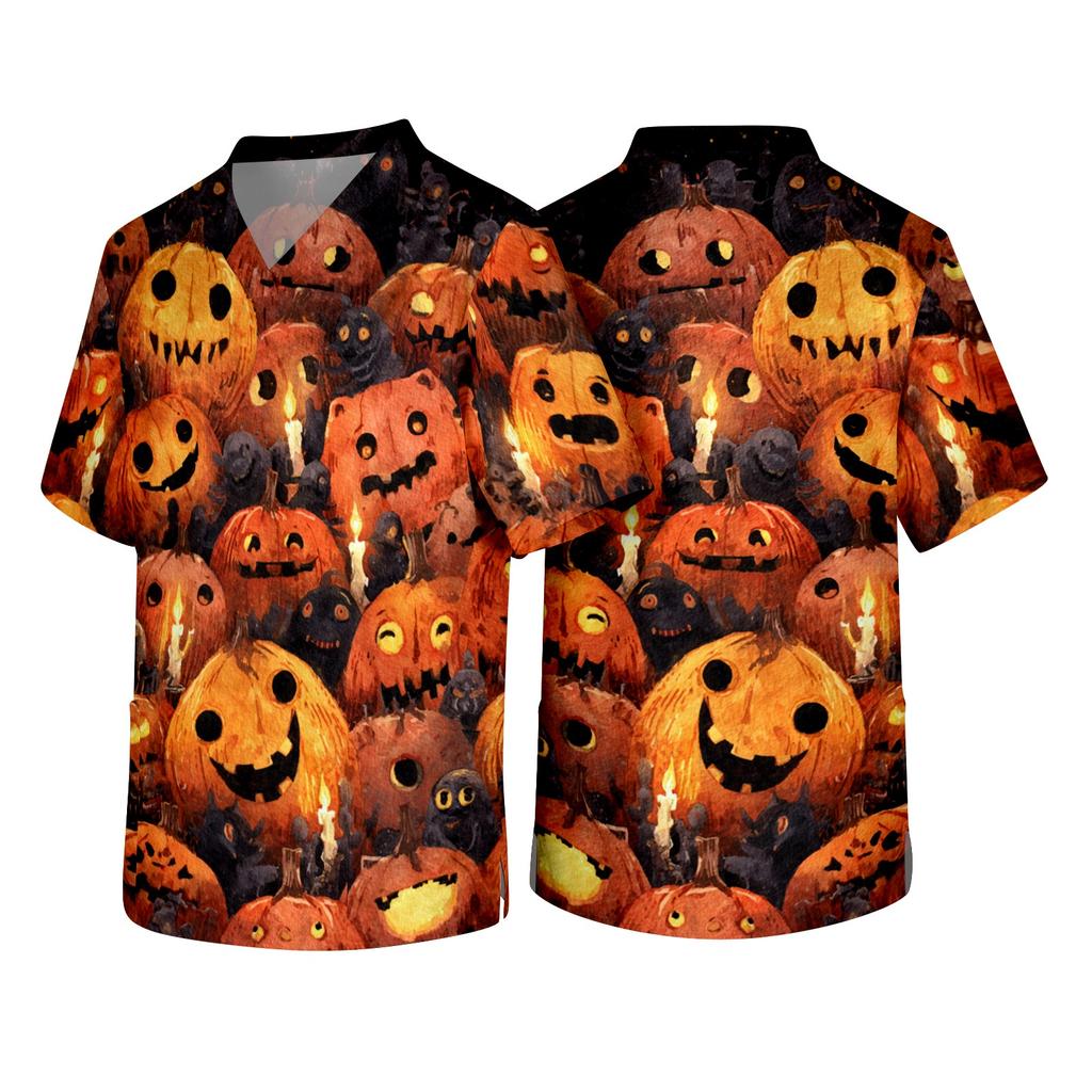Men's Short Sleeve V Neck Halloween Print Chest Pocket Workwear Shirt with Cowboy Graphic Design for Casual Wear