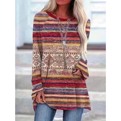 Sommer 3D-gedrucktes T-Shirt Damen Langarm Oberteil T-Shirt Retro T-Shirt Damen Rundhals