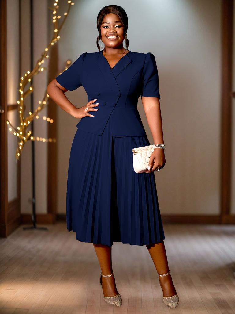 AOMEI Elegant Women Dresses Formal V Neck Short Sleeve High Waisted MIdi Pleated Dress Plus Size