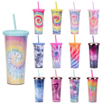 Tie-Dye Straw Cup 24Oz Double-Layer Plastic Water Cup Can Be Customized Creative Paper Card Diy