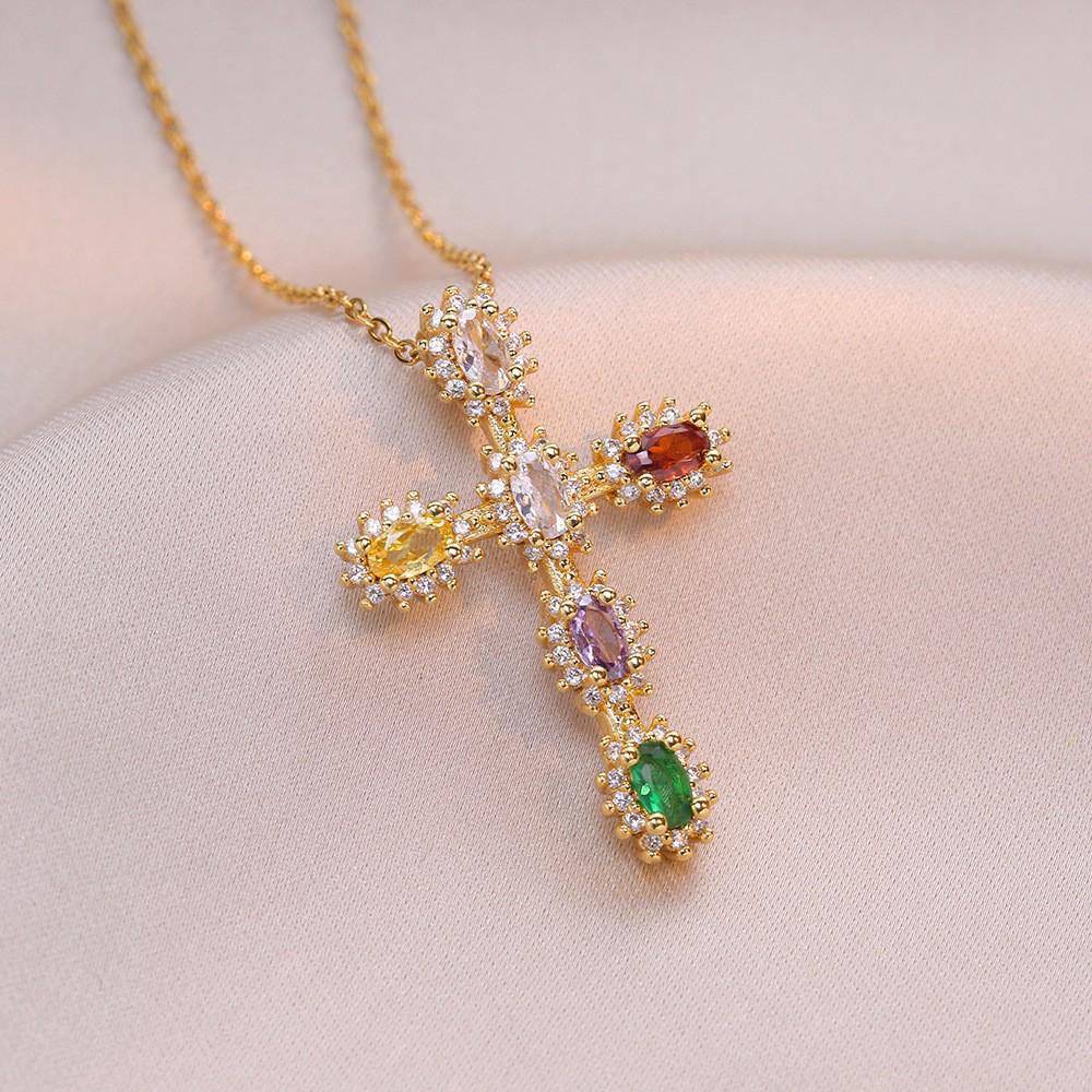 Damen Bunte Zirkon Kreuz Halskette - Nischendesign mit Voll-Diamant-Anhänger an Edelstahlkette