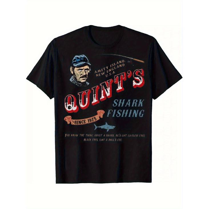 Men s & Women s Movie T-Shirt - Quint s Shark Fishing & Amity Island Print, 220gsm Heavyweight 100% Retro Shark Week Inspired Tee, Relaxed Fit Short S чёрный
