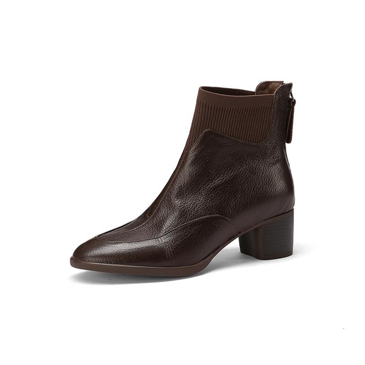 Fashion New Autumn Genuine Leather Women Boots Fashion Round Toe Boots for Women Short Boots Botines Mujer Chunky Heels Black Brown