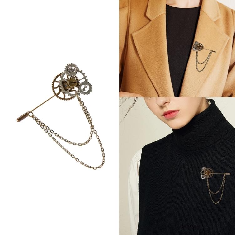 Steampunk Zahnrad Brosche Anstecknadel mit Metallkette Gothic Vintage Schmuck Abzeichen