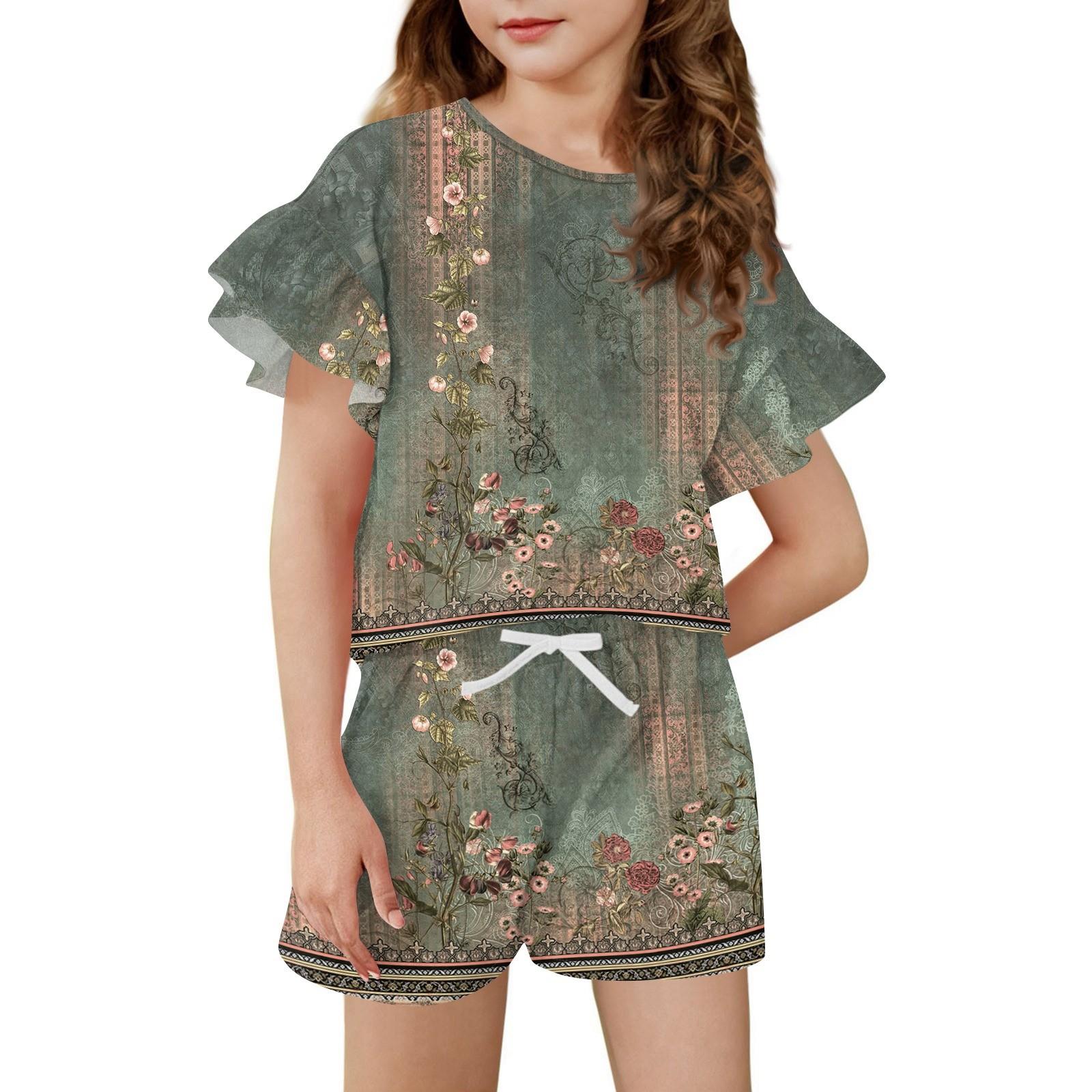 

Летний наряд для девочек Топ с рукавами-рюшами и шорты Комплект одежды Легкий Повседневный Двойка 120 армия зеленый