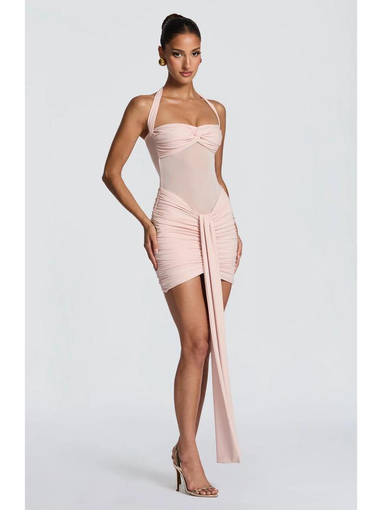 European & American Style Lace-Up Mesh Halter Patchwork Ribbon Bodycon Dress (2026 Summer Collection)