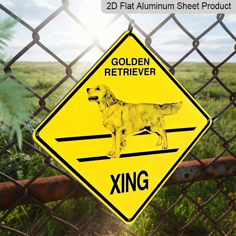 2D Flat 1pc Golden Retriever Crossing Sign - Pet Owner Gift, Vintage Caution Decoration - Bright Yellow & Black Metal Tin Poster - Indoor/Outdoor
