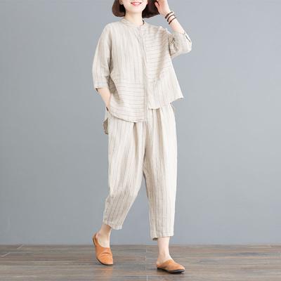 Summer Round Neck Half Sleeve Striped Single Breasted Shirt Sets Elastic Waist Cotton Hemp Pockets Loose Casual Haren Pants Suit