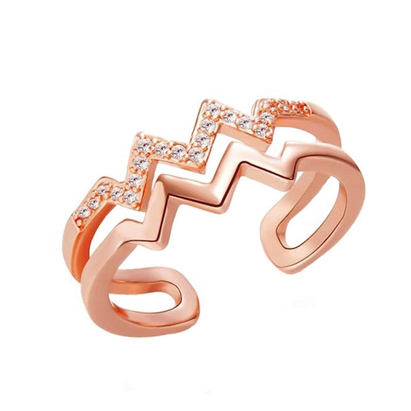 Double-layer diamond-set heart wave line ring female, simple and versatile hipster cold wind open index finger ring