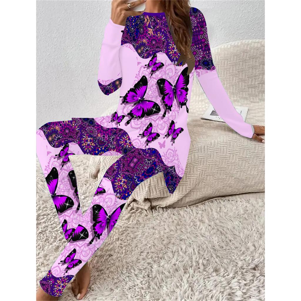 Euroamerikanische Mode 3D Schmetterlingsdruck Damen Vier-Jahreszeiten Langarm T-Shirt + Lange Hose Zweiteiler. Das perfekte Geschenk für Neujahr