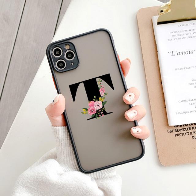 Black Letter Flower Matte Phone Case For iPhone 15 12 14 Pro Max Cases For iPhone 11 13 pro Back Cover fashion Shell Coque