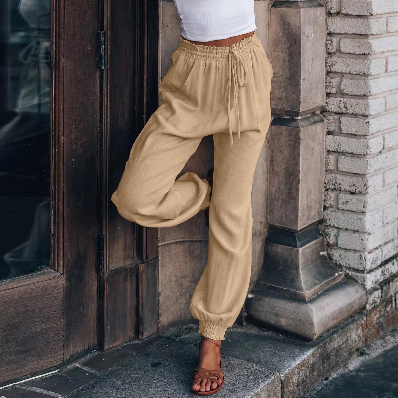 

Women s Solid Color Comfortable Casual Pants Fashion Drawstring Elastic Waist Loose Belt Front And Back Pockets Pants XXL хакі