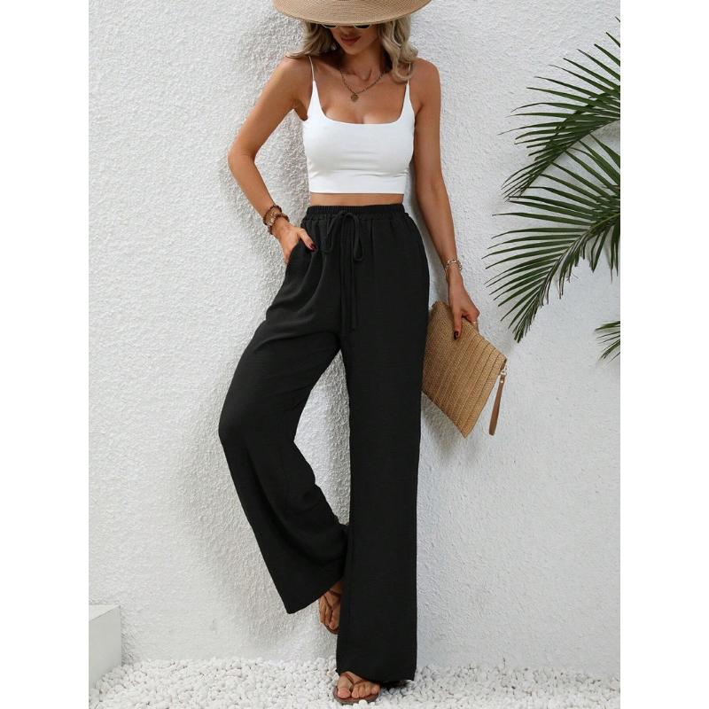 

New Women s Solid Color Floor-Length Wide Leg Pants, Elastic Waist with Drawstring, Casual Versatile Trousers for Spring Summer S чёрный