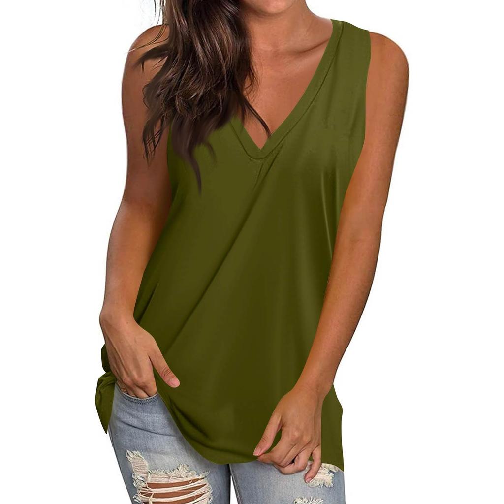 Women's Casual Fashion V-Neck Sleeveless Top Solid Color Vest T-Shirt