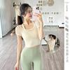 Womens Breathable Seamless Mock Two-Piece Necktie Yoga Top With Built-in Bra Support Short Sleeve Crop Fitness Tee
