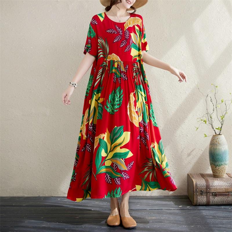 Short Sleeve Plus Size Cotton Vintage Floral New In Dresses for Women Casual Loose Long Summer Dress