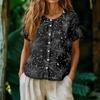Women's Fashion Henley Neck Single Breasted Shirt Halloween Print Short Sleeve Casual Top Lightweight Blouse