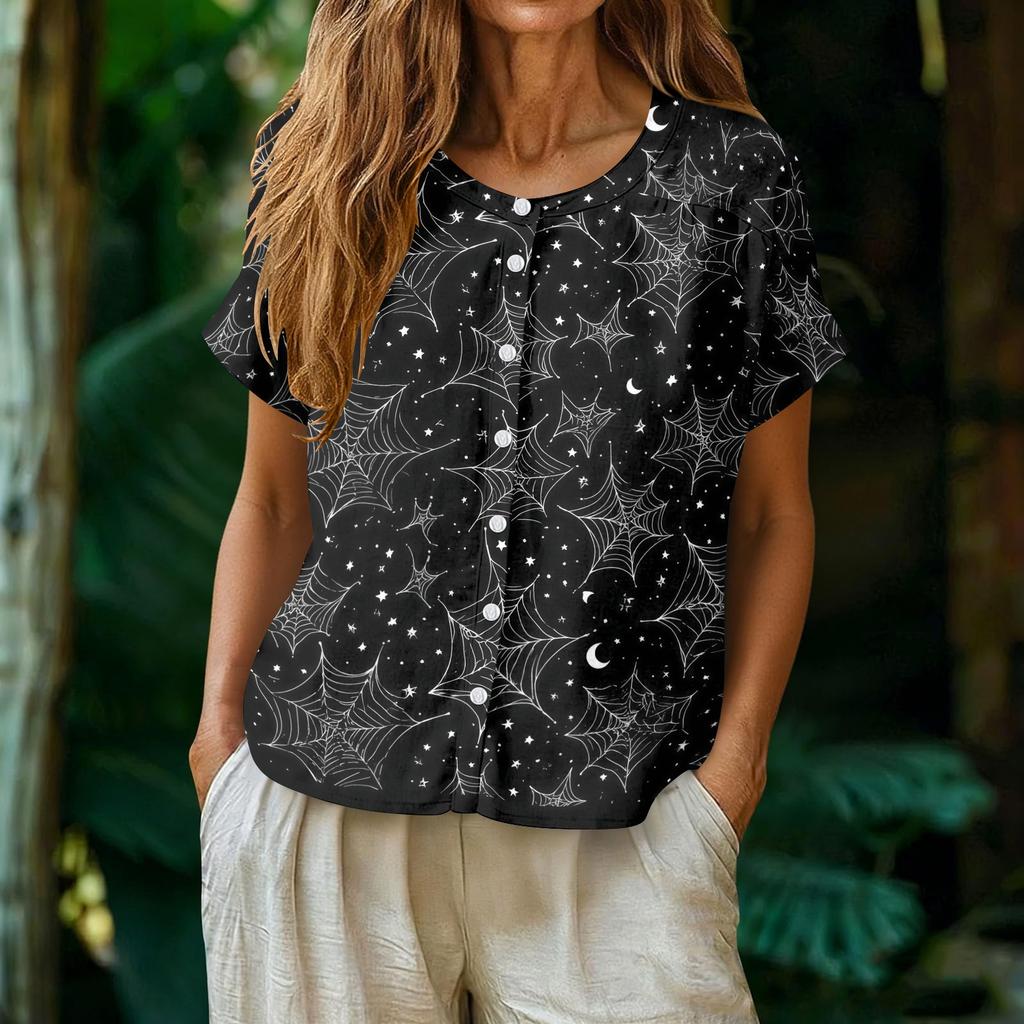 Women's Fashion Henley Neck Single Breasted Shirt Halloween Print Short Sleeve Casual Top Lightweight Blouse