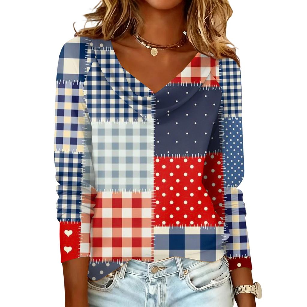 Ladies' Plaid Printed Casual and Fashionable Long Sleeved Pullover Top