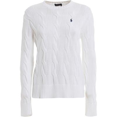 Polo FW23 Jednobarevný pletený svetr s žebrováním a výšivkou malého poníka, s dlouhým rukávem a kulatým výstřihem, dámský svetr, bílý 211706244-007