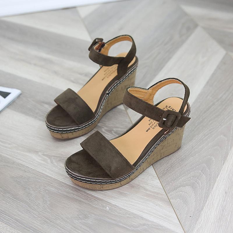 Summer new high-heeled sandals open-toe sexy suede waterproof table thick-soled wedge heel one-word buckle