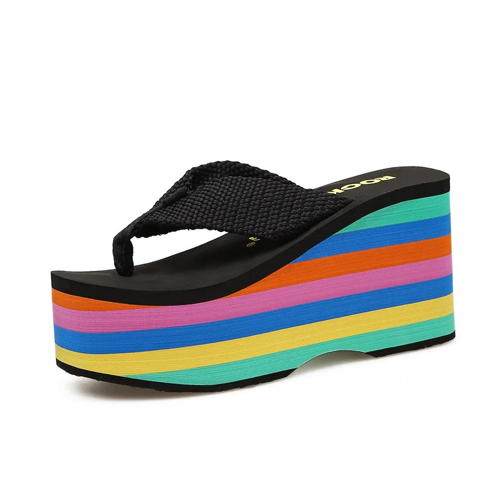 Mode Damen Plateau Flip Flops Sommerschuhe Mode 10cm Super High Heels Regenbogen Dicke Sohle Sandalen Slipper Freizeit Strand Pantoletten
