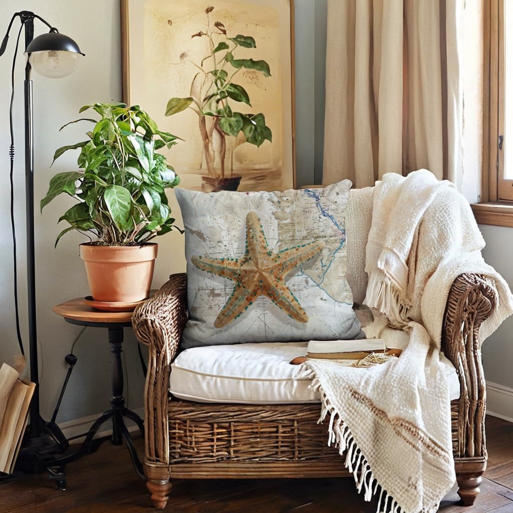 7COLORROOM Nautical Throw Pillow Covers 18 X 18 inches,Vintage Map Background Seashell Starfish Cushion Cases Beach Sea Style Design Home 4Pack