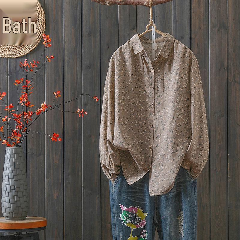 Women s Small Floral Cotton Linen Long Sleeve Shirt - Artistic Casual Spring/Autumn Outerwear Medium