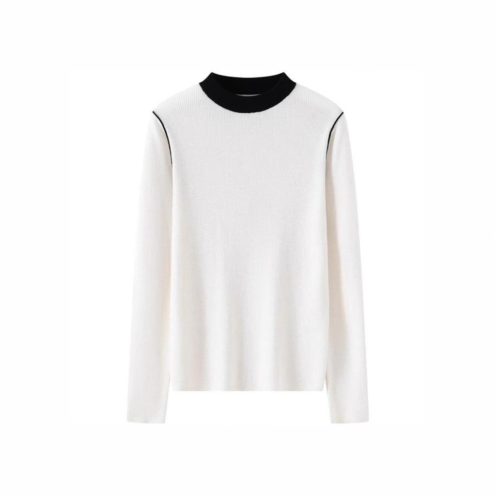 Women's Color-Block Knit Sweater, Long Sleeves, Fine-Spun Wool, French Style, Warm Base Layer for 2025 Autumn/Winter