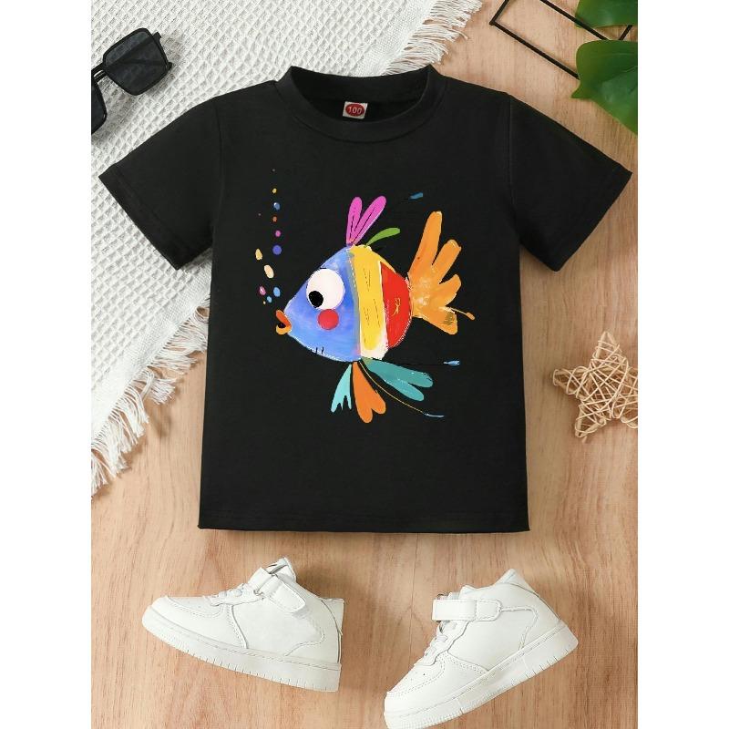 European Size Girls Round-neck Short-sleeved T-shirt with Colorful Fish Blowing Bubbles Pattern Print