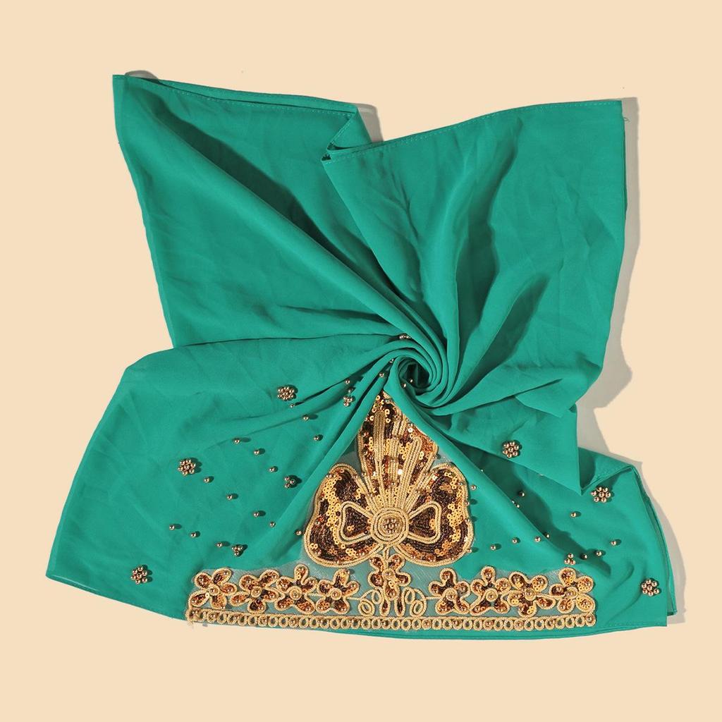 Ethnic Style Pearl Beaded Chiffon Headscarf with Rolled Edge
