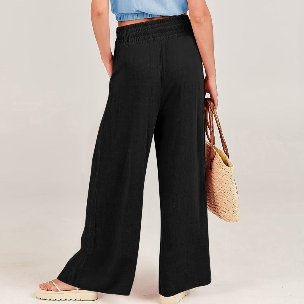 Summer Cotton Linen Wide Leg Pants Women Loose Palazzo Pant Pocket Elastic Waist Casual Pants