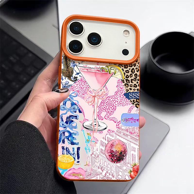 For iPhone 17 Pro Max Case Luxury Pink Goblet Bowknots Disco Ball Pattern Leather Texture Silicone Cover For iPhone 16 Pro Max 15 14 13 12 11 16E Air