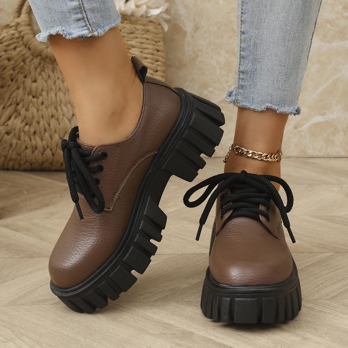 

Большие туфли на платформе-бублике, женские кожаные туфли в британском стиле, на шнуровке, повседневные студенческие кожаные туфли 42 темно-коричневого