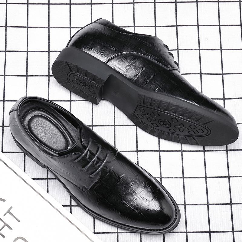 Leather shoes men's genuine leather business dress shoes British men's invisible inner height increase Derby shoes pointed embossed versatile trendy s