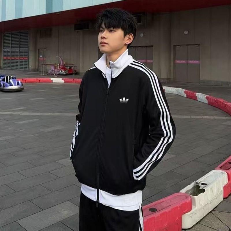 High Quality Embroidered Striped Stand Collar Zip Up Sweatshirt Jacket Men Women Couple
