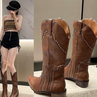 Retro Shoes, Single Shoes, Long Boots for Women, New Pointed-toe Mid-heel Boots