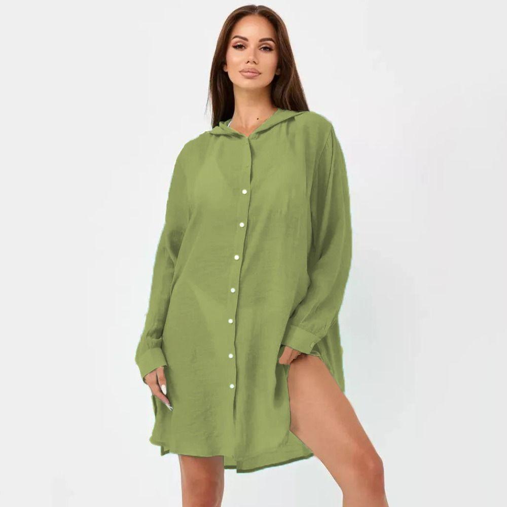 Solid Color Button Down Tunic Dress Long Sleeve Blouse Tops Beach Bikini Cover-up  Vacation Outfit