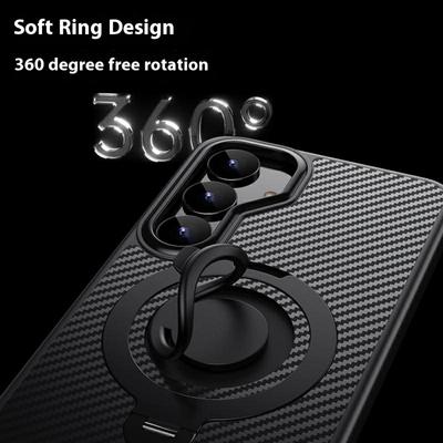 For Samsung Galaxy S25 Case Compatible with MagSafe Kickstand Carbon Fiber Texture PC+TPU Back Cover with Silicone Ring