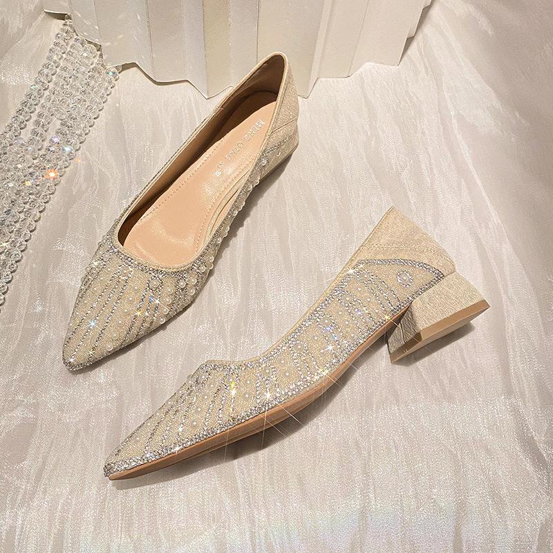 Gruby obcas pojedyncze buty damskie nowe płytkie usta cyrkonie szpiczaste wysokie obcasy mały rozmiar 313233