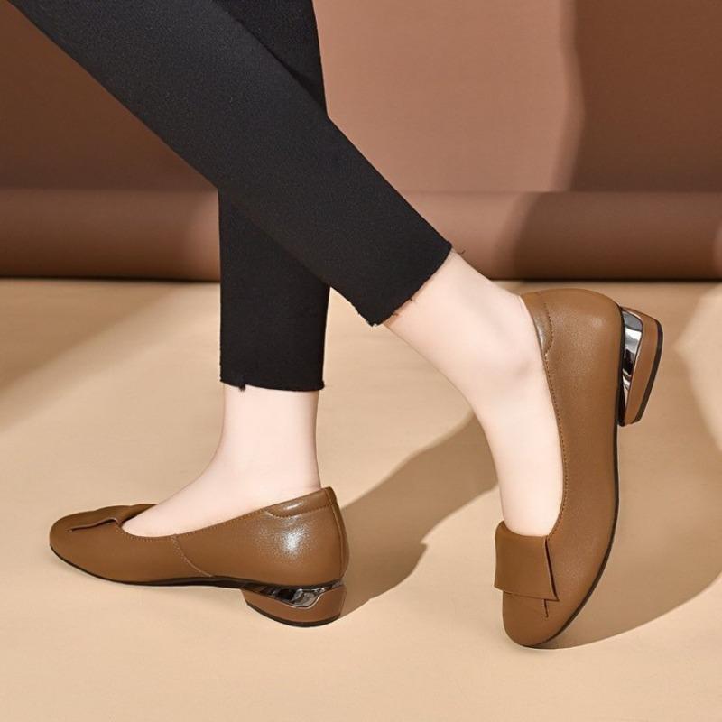 Single Shoes Women Chunky Heeled Mom Shoes Retro Soft Bottom Shallow Mouth Small Leather Shoes