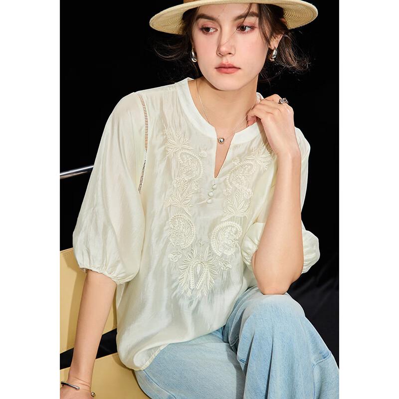 Women s Tencel Embroidered Hollow-Out Blouse XL