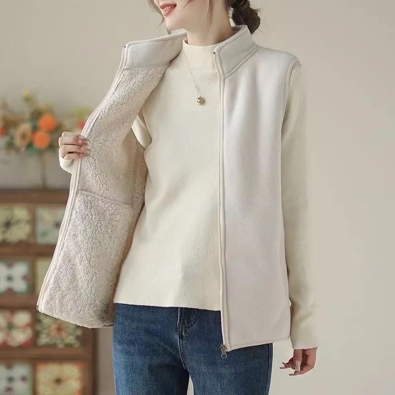 

Женский жилет на флисовой подкладке со стойкой воротником для осени/зимы, однотонная верхняя одежда для среднего возраста, флисовая куртка XS белый