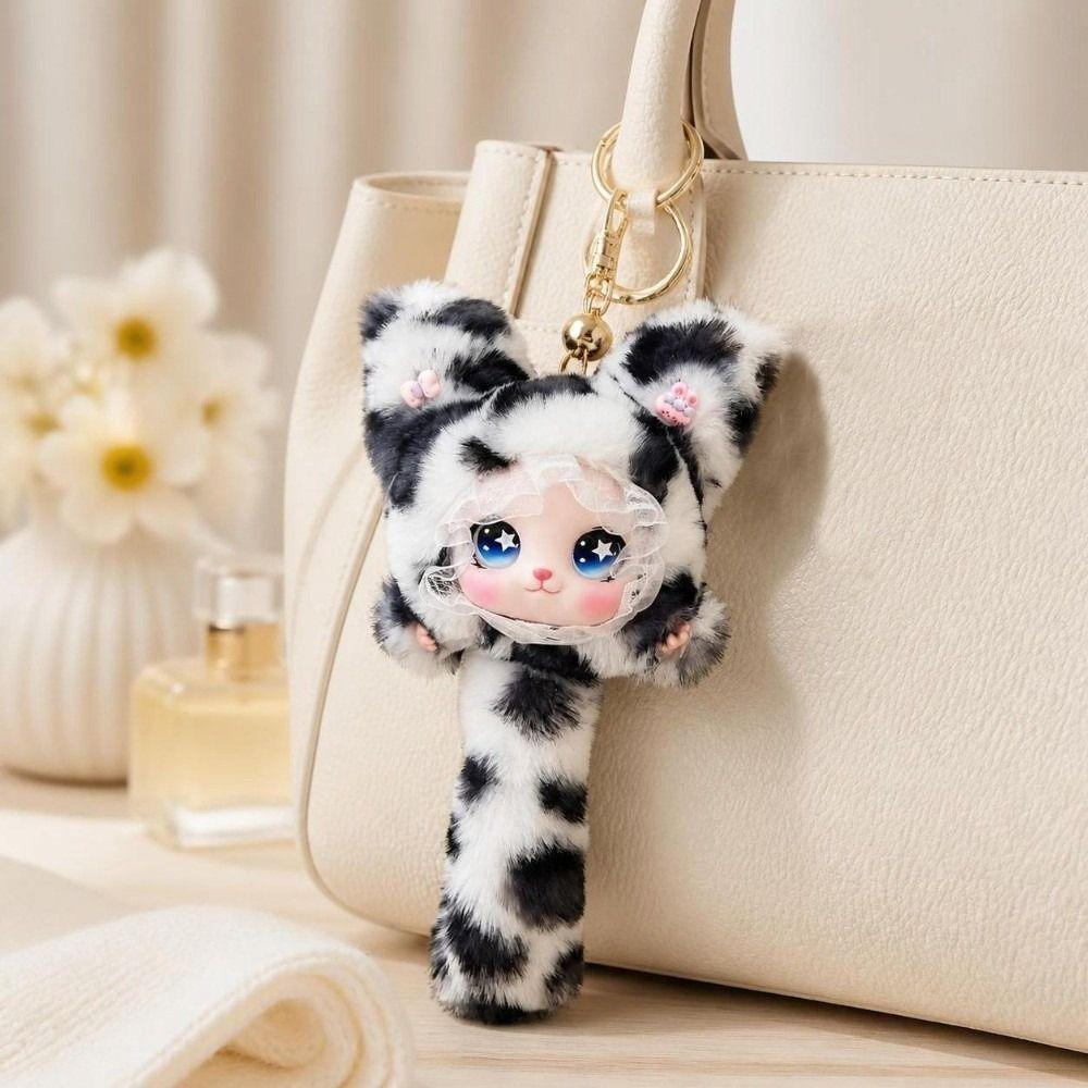 Leopard Print Furry Cat Pendant Long Tail Bag Charms Cartoon Cat Plush Toy Bag