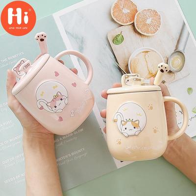 Hi Creative Ceramic Cartoon Cat Office Household Mug with Lid Spoon