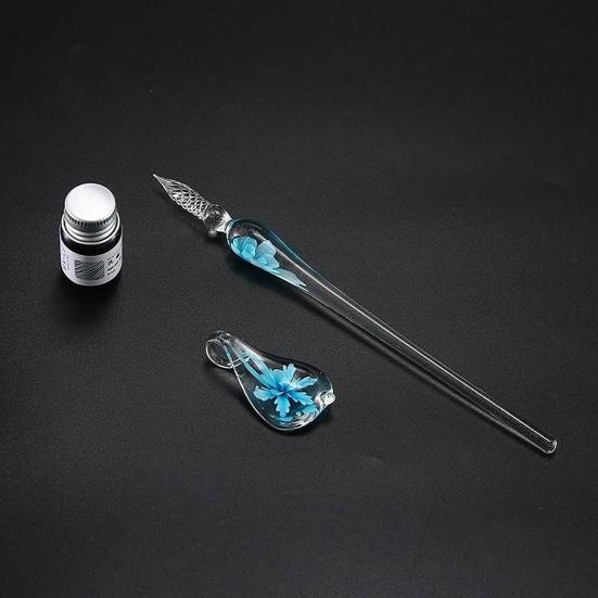 1 Set Transparent Dip Pen with Inside Flower Glass Writing Pen Faux Crystal Ink Dip Pen Gift for Student