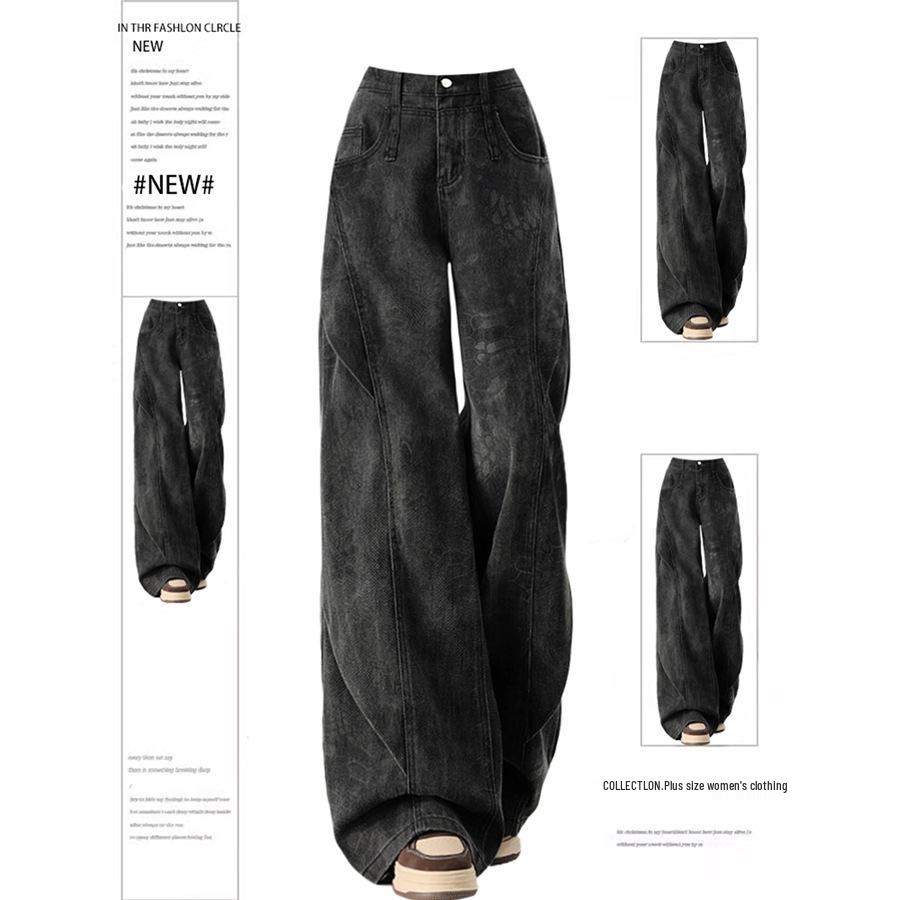 

American-Style Black & Grey Printed Wide-Leg Plus Size Jeans for Women - Autumn Niche Design Straight Leg Floor-Length Pants 2XL серый/чёрный