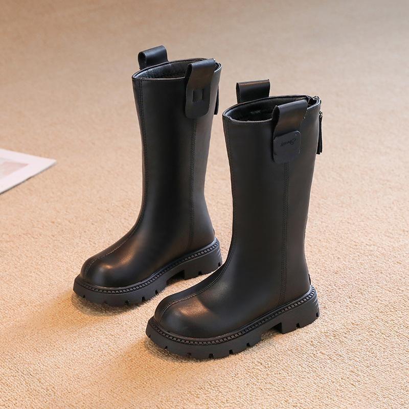 Children's Long and High Boots Winter New Style with Added Fleece Girls' Two Cotton Leather Boots